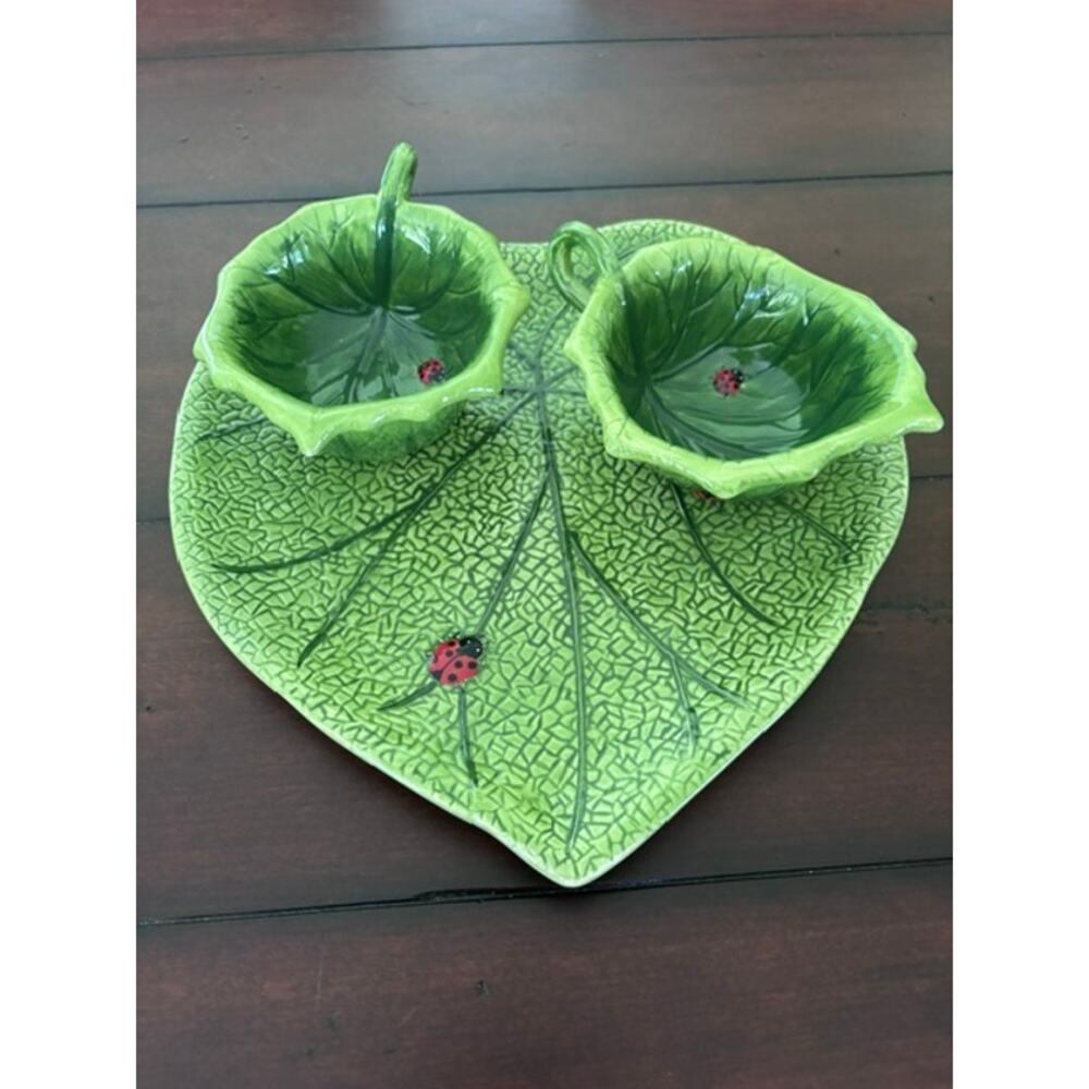 Pier 1 Ladybug Leaf Serving Tray Bowl Set Hand Painted Earthenware 3 Pc
